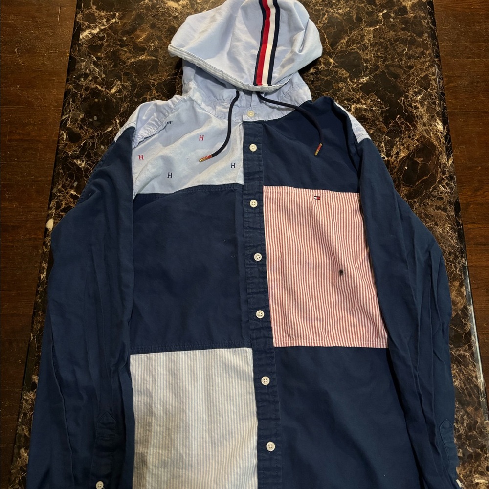 Tommy Hilfiger Blue and Red Patchwork Shirt Jacket